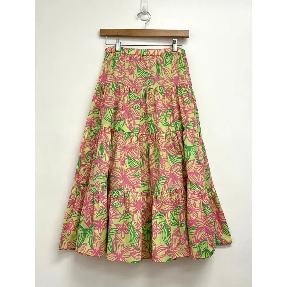 Lilly Pulitzer White Label Tiered Cotton Tropical Floral Pull-On Midi Skirt XS - Picture 2 of 11